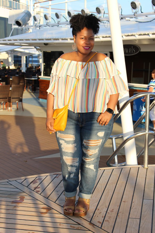 ASOS Ruffle Off The Shoulder In Rainbow Stripe | Forever 21 Denim | Steve Madden Madylynn Sandals | Yellow Leather Crossbody from Italy